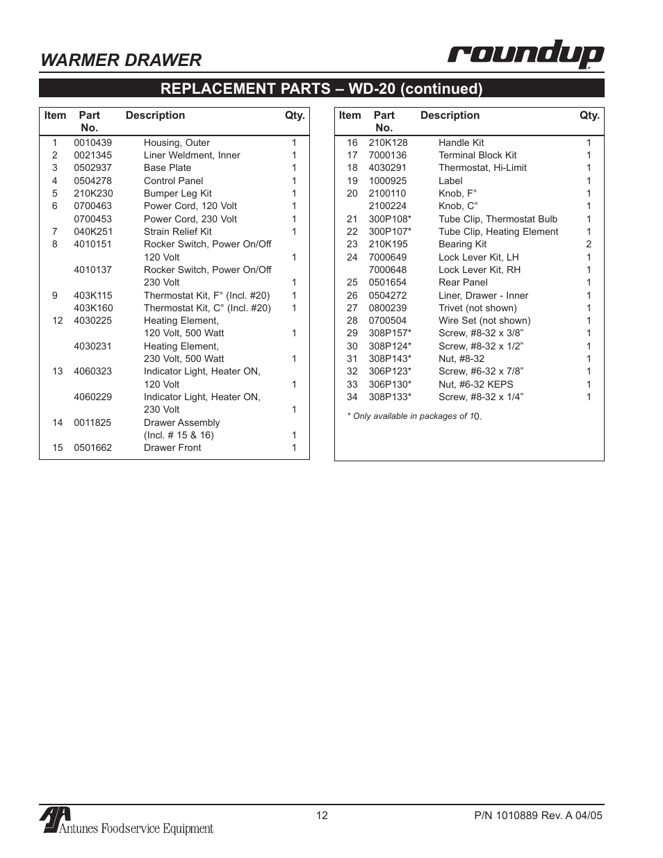 Warmer drawer, Replacement parts – wd-20 (continued) | A.J. Antunes & Co WD-35A 9400156 User Manual | Page 12 / 16