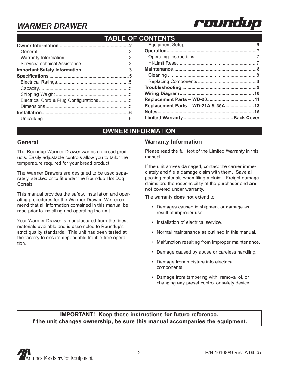 Warmer drawer, Owner information table of contents | A.J. Antunes & Co WD-35A 9400156 User Manual | Page 2 / 16