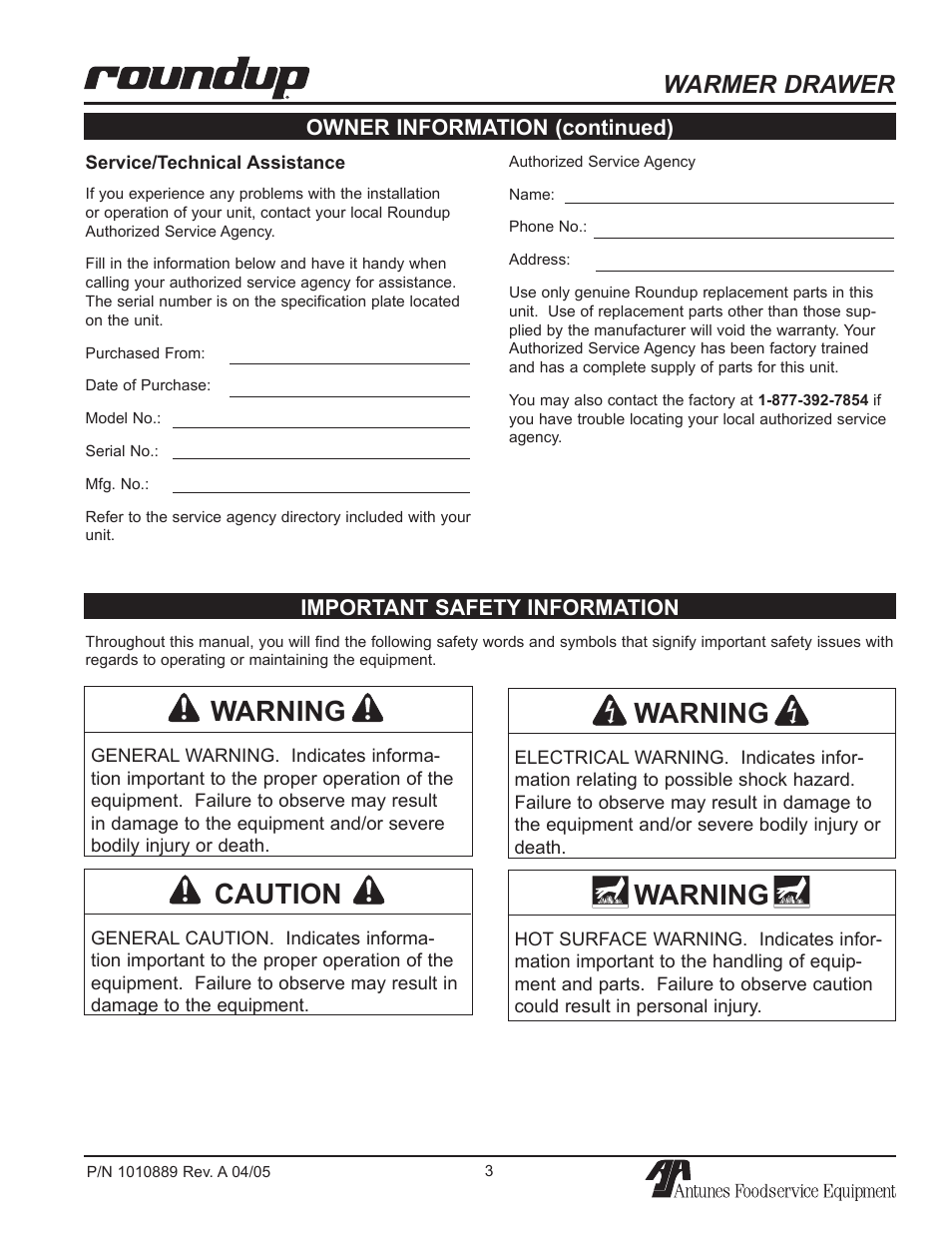Warning, Caution, Warmer drawer | Important safety information, Owner information (continued) | A.J. Antunes & Co WD-35A 9400156 User Manual | Page 3 / 16