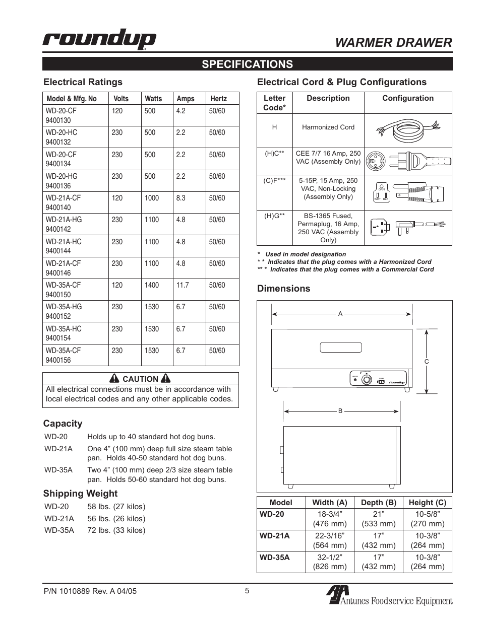 Warmer drawer, Specifications, Dimensions capacity | Shipping weight, Electrical ratings, Electrical cord & plug configurations | A.J. Antunes & Co WD-35A 9400156 User Manual | Page 5 / 16