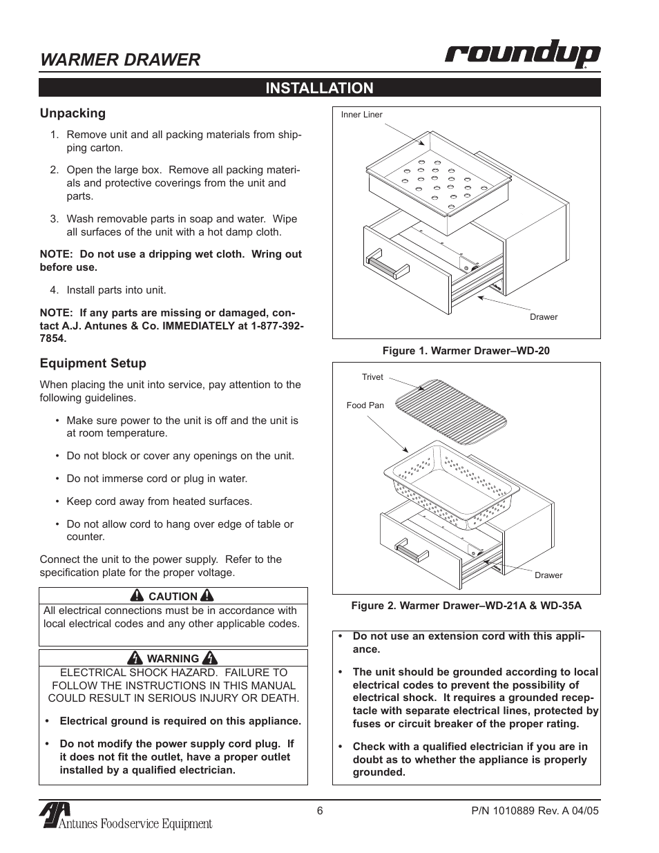 Warmer drawer, Installation | A.J. Antunes & Co WD-35A 9400156 User Manual | Page 6 / 16