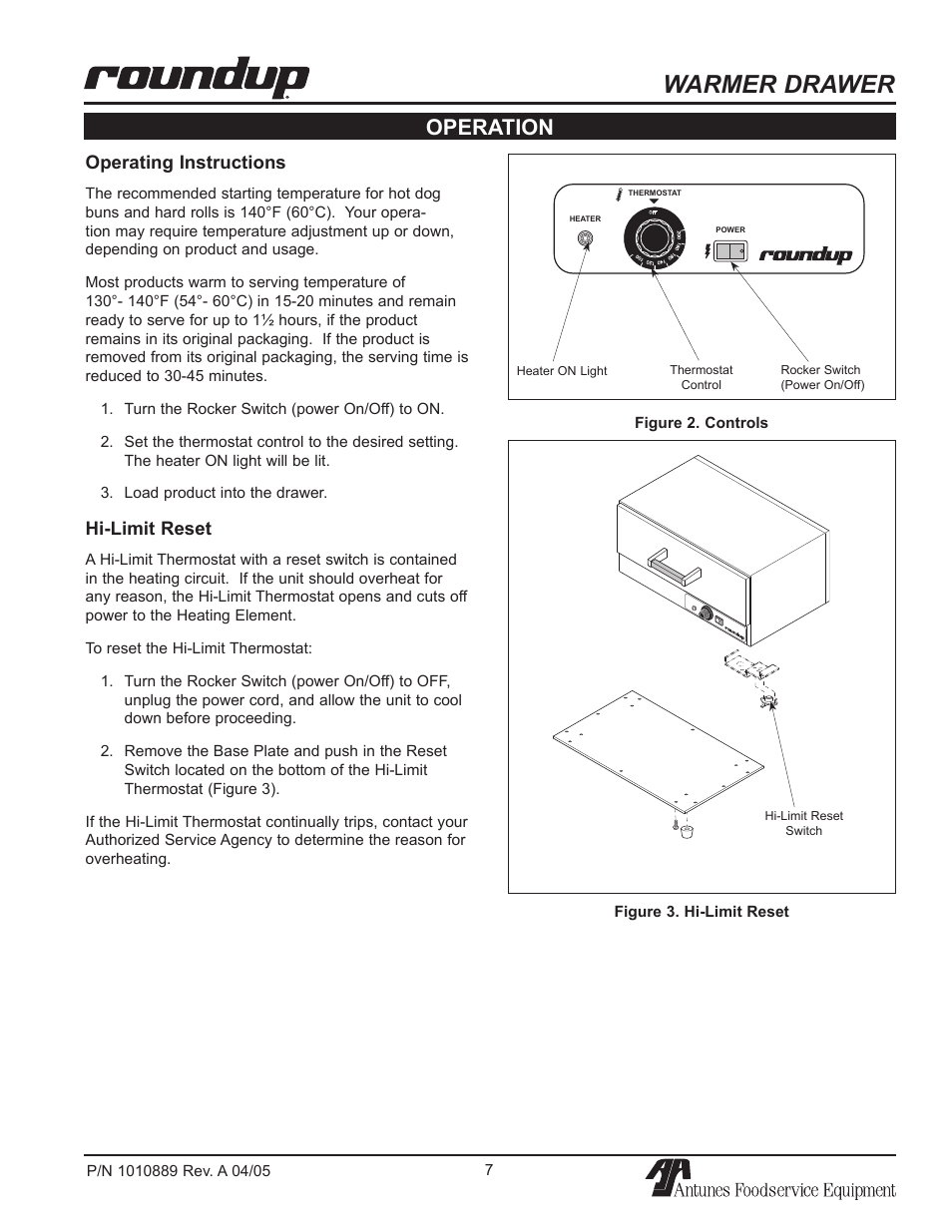Warmer drawer, Operation, Operating instructions | Hi-limit reset | A.J. Antunes & Co WD-35A 9400156 User Manual | Page 7 / 16