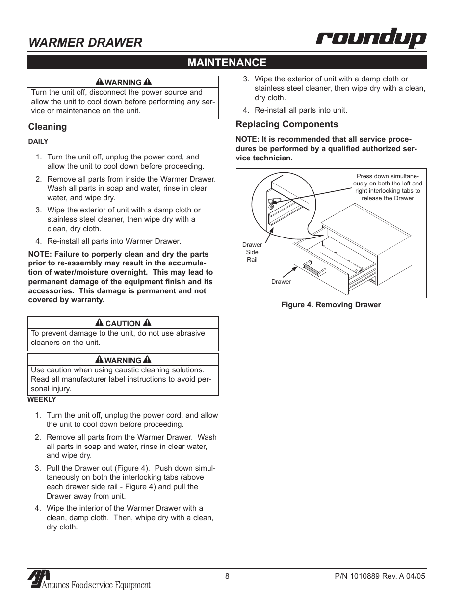 Warmer drawer, Maintenance | A.J. Antunes & Co WD-35A 9400156 User Manual | Page 8 / 16