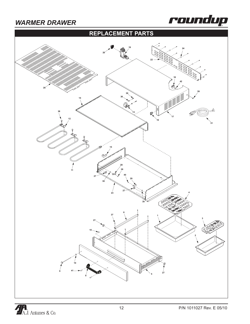 Warmer drawer, Replacement parts | A.J. Antunes & Co WD-50 9400167 User Manual | Page 12 / 16