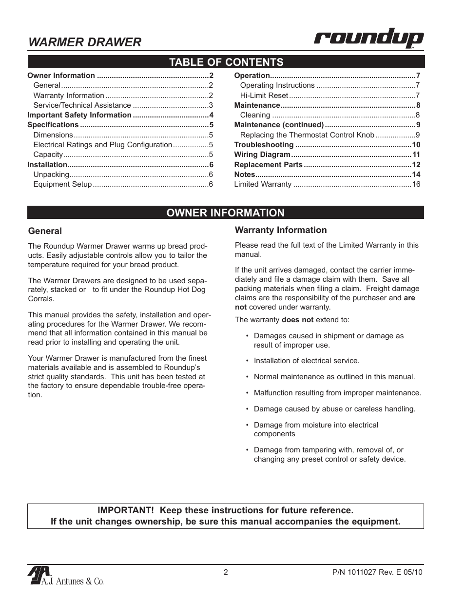 Warmer drawer, Owner information table of contents | A.J. Antunes & Co WD-50 9400167 User Manual | Page 2 / 16