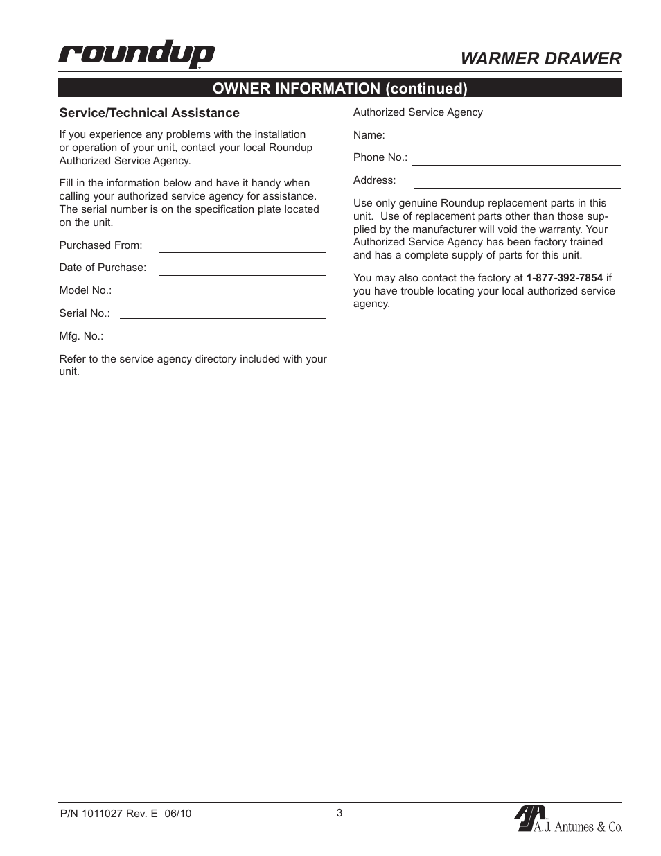 Warmer drawer, Owner information (continued) | A.J. Antunes & Co WD-50 9400167 User Manual | Page 3 / 16