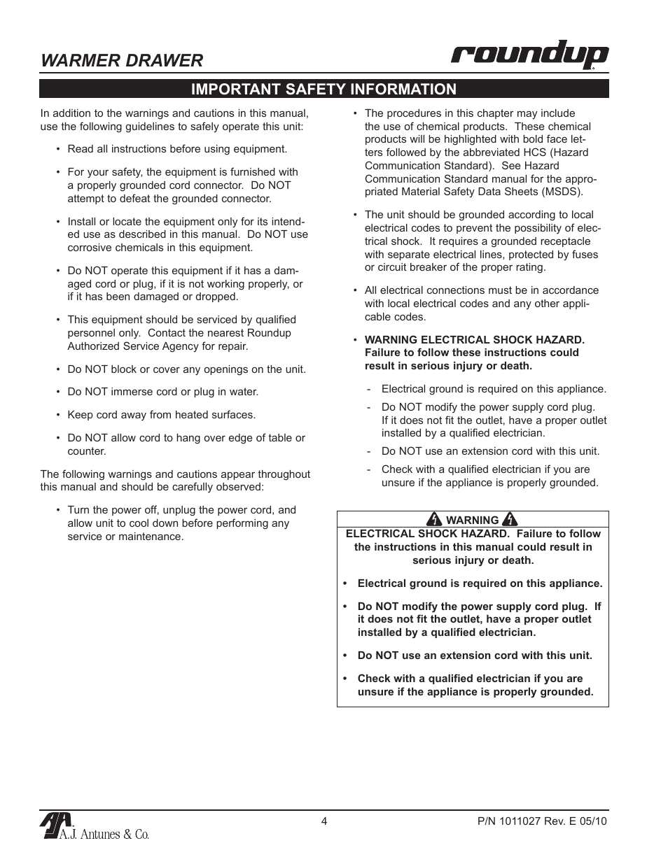Warmer drawer, Important safety information | A.J. Antunes & Co WD-50 9400167 User Manual | Page 4 / 16