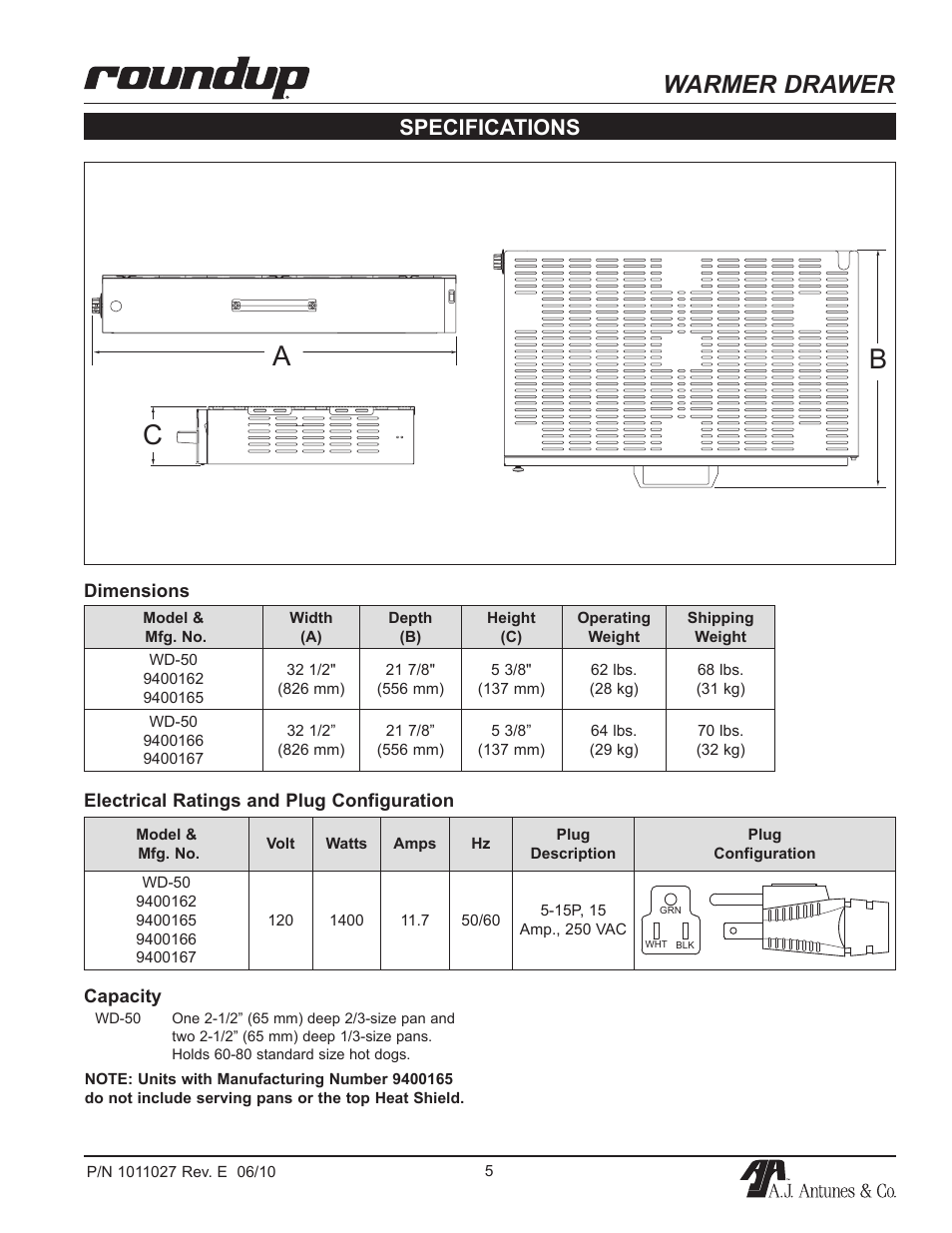 Ab c, Warmer drawer, Specifications | A.J. Antunes & Co WD-50 9400167 User Manual | Page 5 / 16