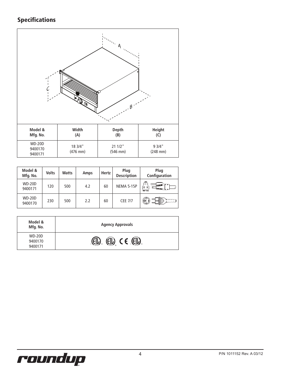 Specifications, Ac b | A.J. Antunes & Co WD-20D 9400171 User Manual | Page 4 / 8