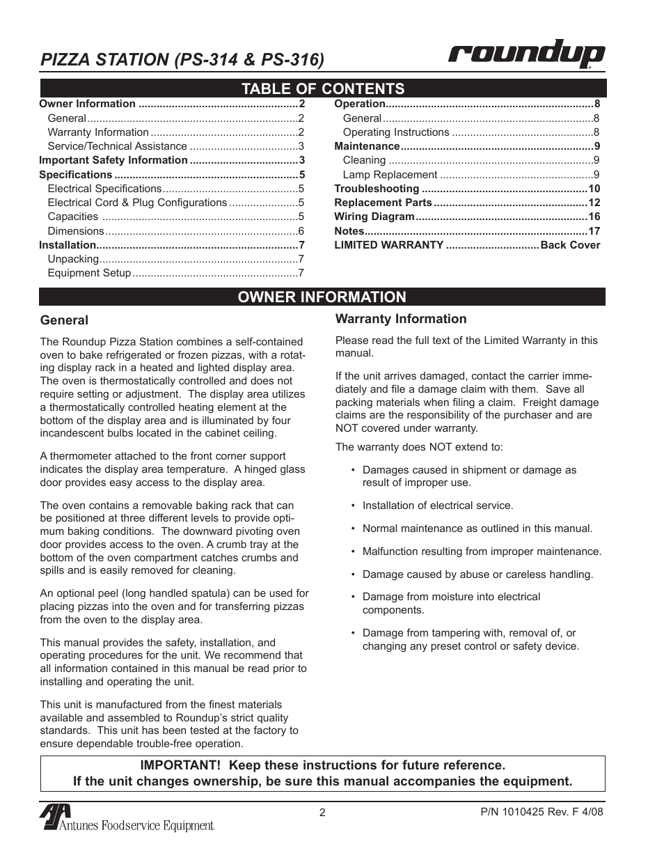 Owner information table of contents | A.J. Antunes & Co PS-316 9500250 User Manual | Page 2 / 20