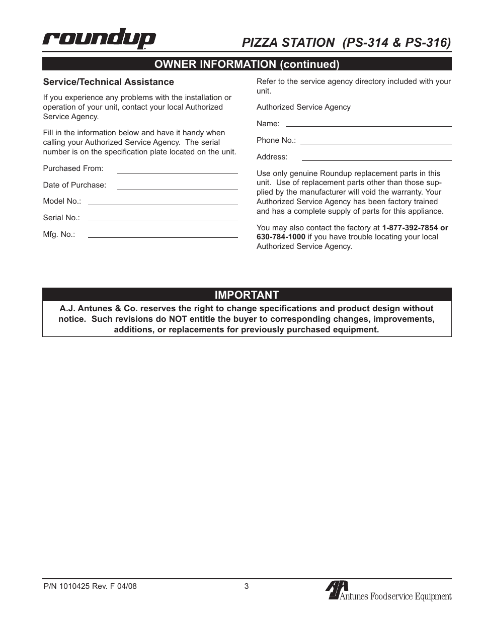 Owner information (continued), Important | A.J. Antunes & Co PS-316 9500250 User Manual | Page 3 / 20