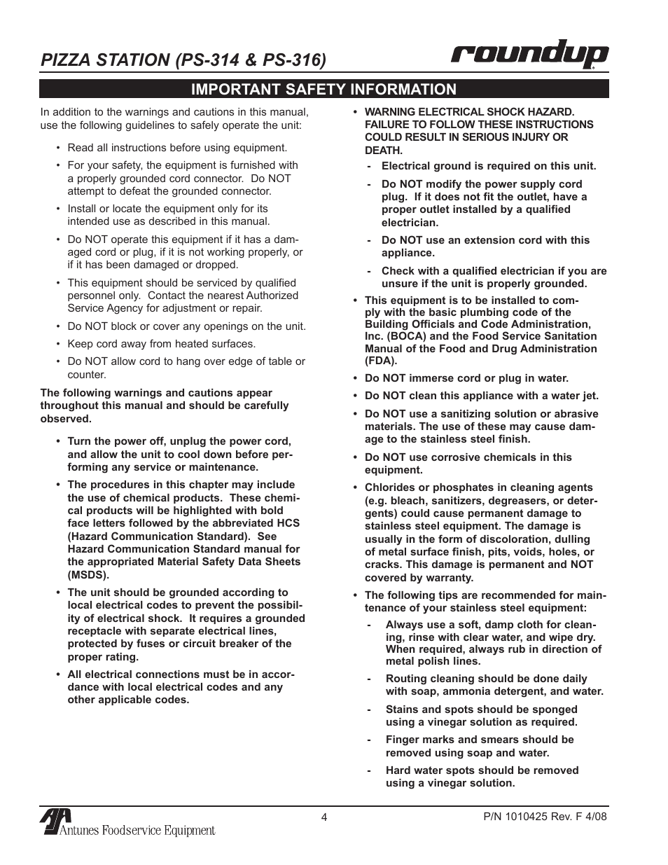 Important safety information | A.J. Antunes & Co PS-316 9500250 User Manual | Page 4 / 20