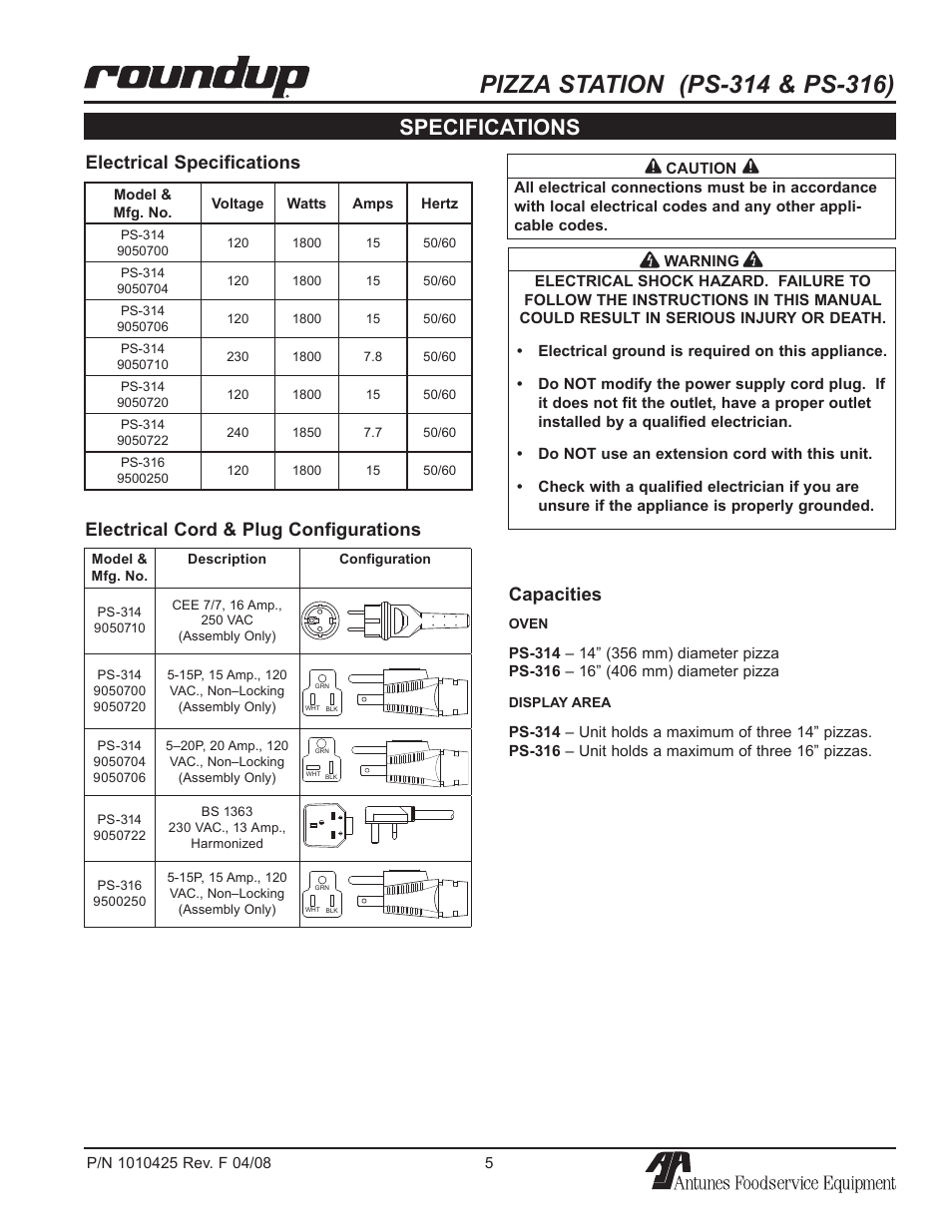Specifications, Capacities, Electrical specifications | Electrical cord & plug configurations | A.J. Antunes & Co PS-316 9500250 User Manual | Page 5 / 20