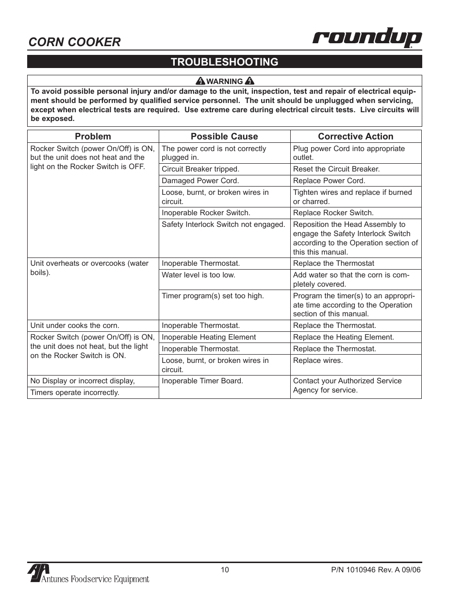 Corn cooker, Troubleshooting | A.J. Antunes & Co CCC-20T 9600220 User Manual | Page 10 / 16
