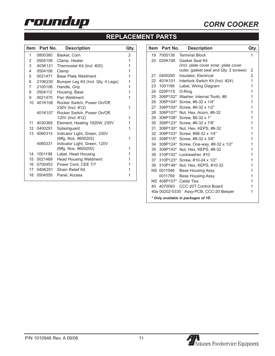 Corn cooker, Replacement parts | A.J. Antunes & Co CCC-20T 9600220 User Manual | Page 11 / 16