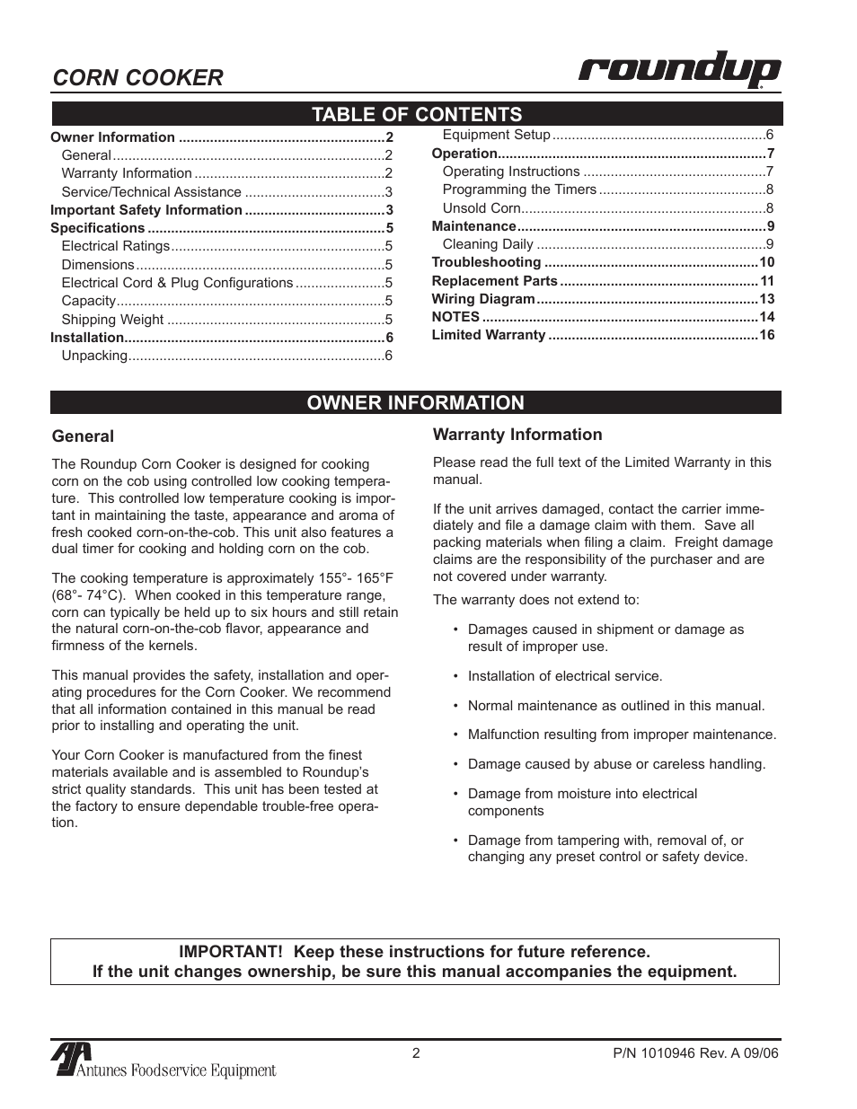 Corn cooker, Owner information table of contents | A.J. Antunes & Co CCC-20T 9600220 User Manual | Page 2 / 16