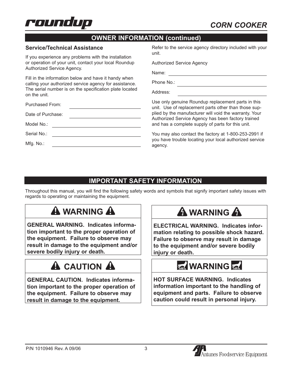 Warning, Caution, Corn cooker | Important safety information, Owner information (continued) | A.J. Antunes & Co CCC-20T 9600220 User Manual | Page 3 / 16