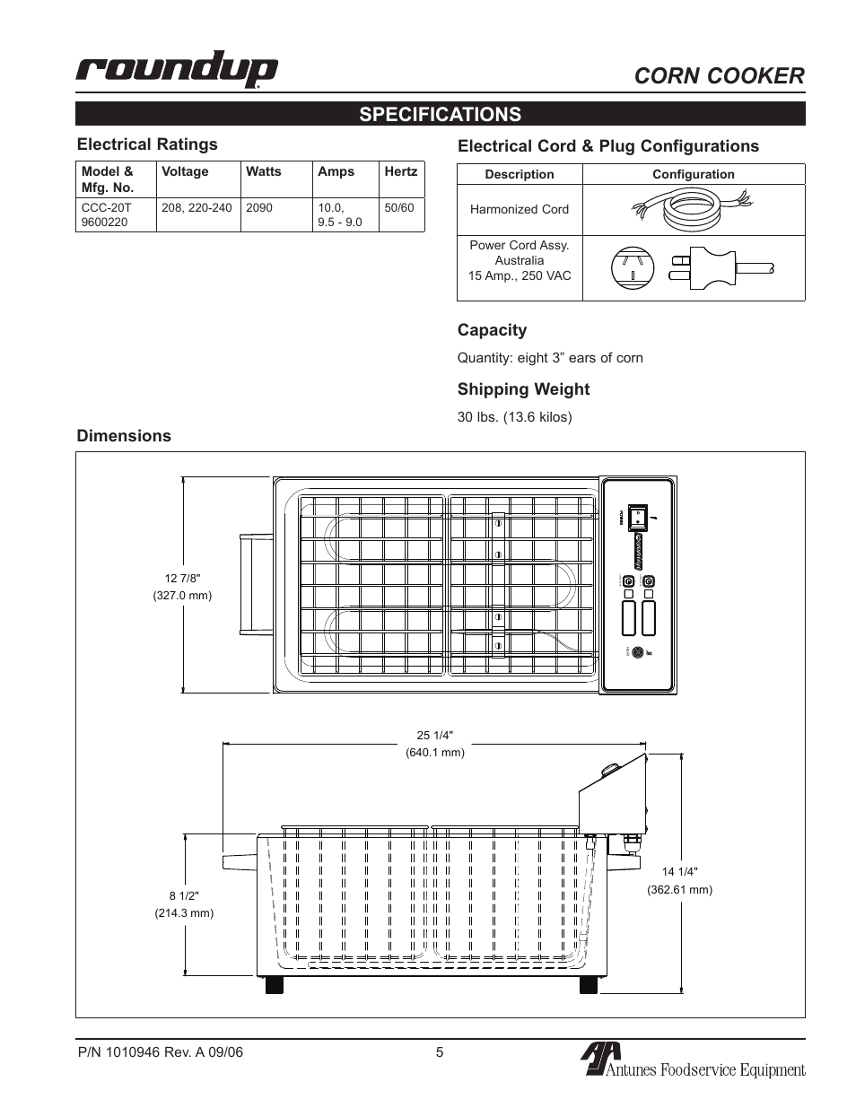 Corn cooker, Specifications, Capacity | Shipping weight, Dimensions electrical ratings, Electrical cord & plug configurations | A.J. Antunes & Co CCC-20T 9600220 User Manual | Page 5 / 16