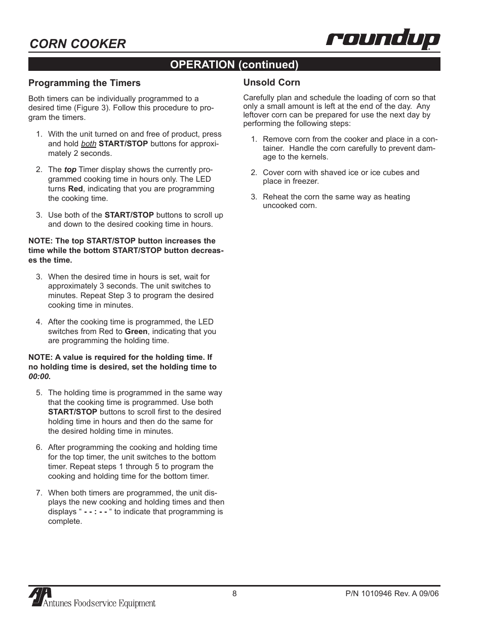 Corn cooker, Operation (continued) | A.J. Antunes & Co CCC-20T 9600220 User Manual | Page 8 / 16