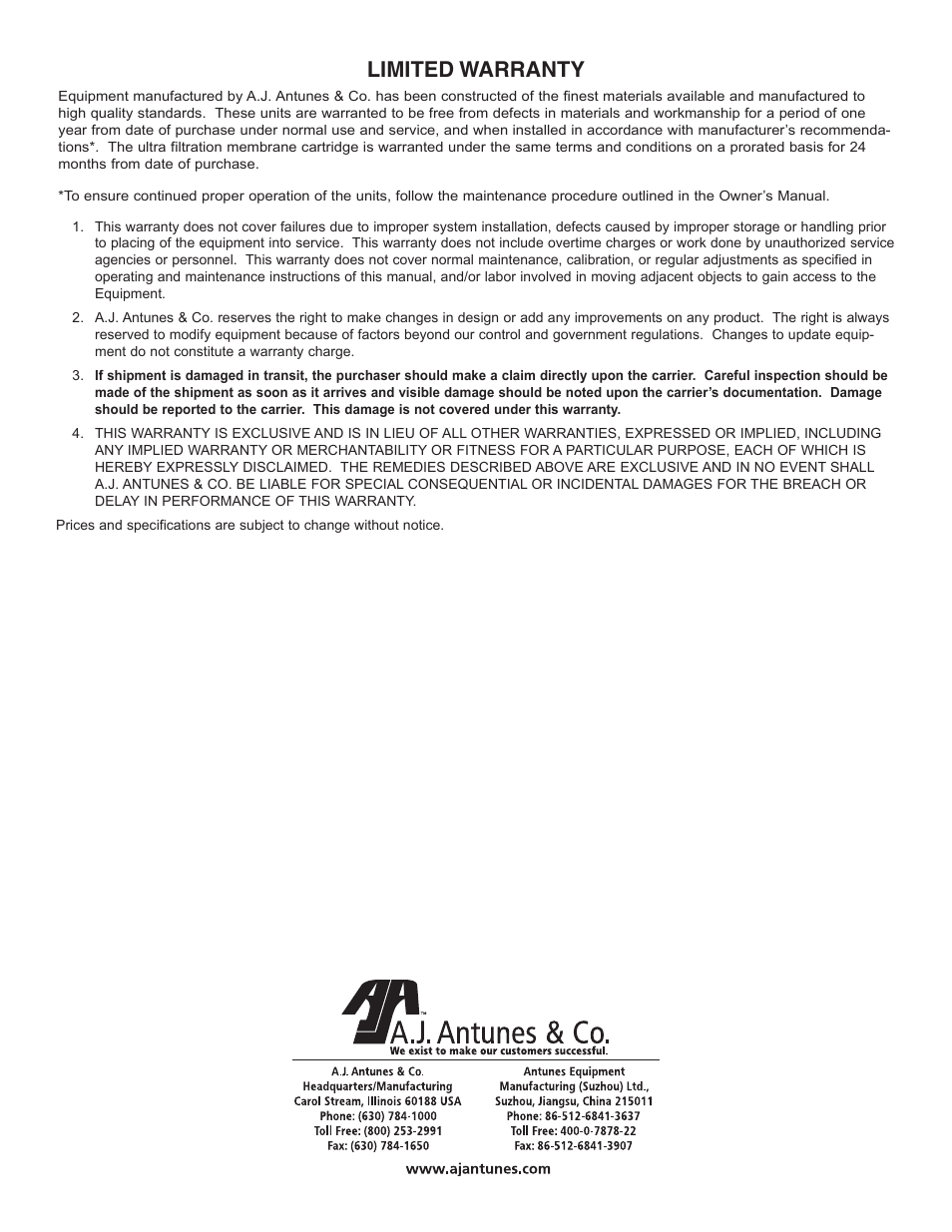 Limited warranty | A.J. Antunes & Co TAC-05 9700905 User Manual | Page 4 / 4