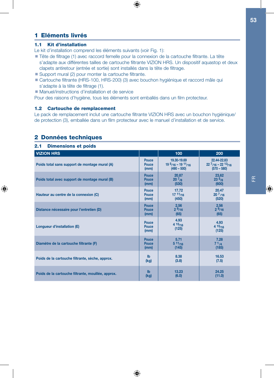1 eléments livrés, 2 données techniques | A.J. Antunes & Co HRS-200 9700562 User Manual | Page 53 / 66