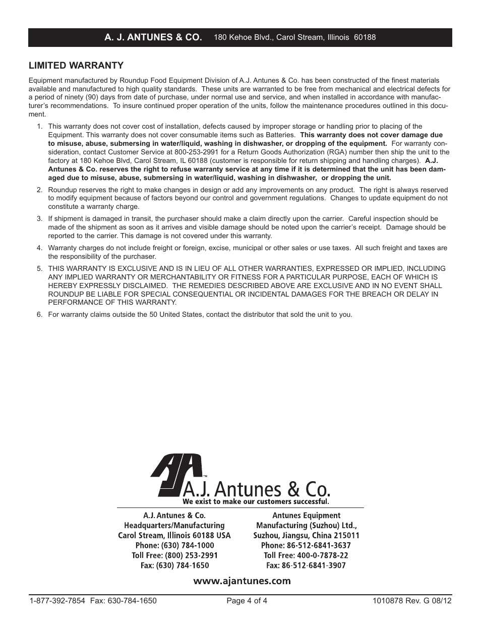 Limited warranty, A. j. antunes & co | A.J. Antunes & Co TTS-8 9900629 User Manual | Page 4 / 4