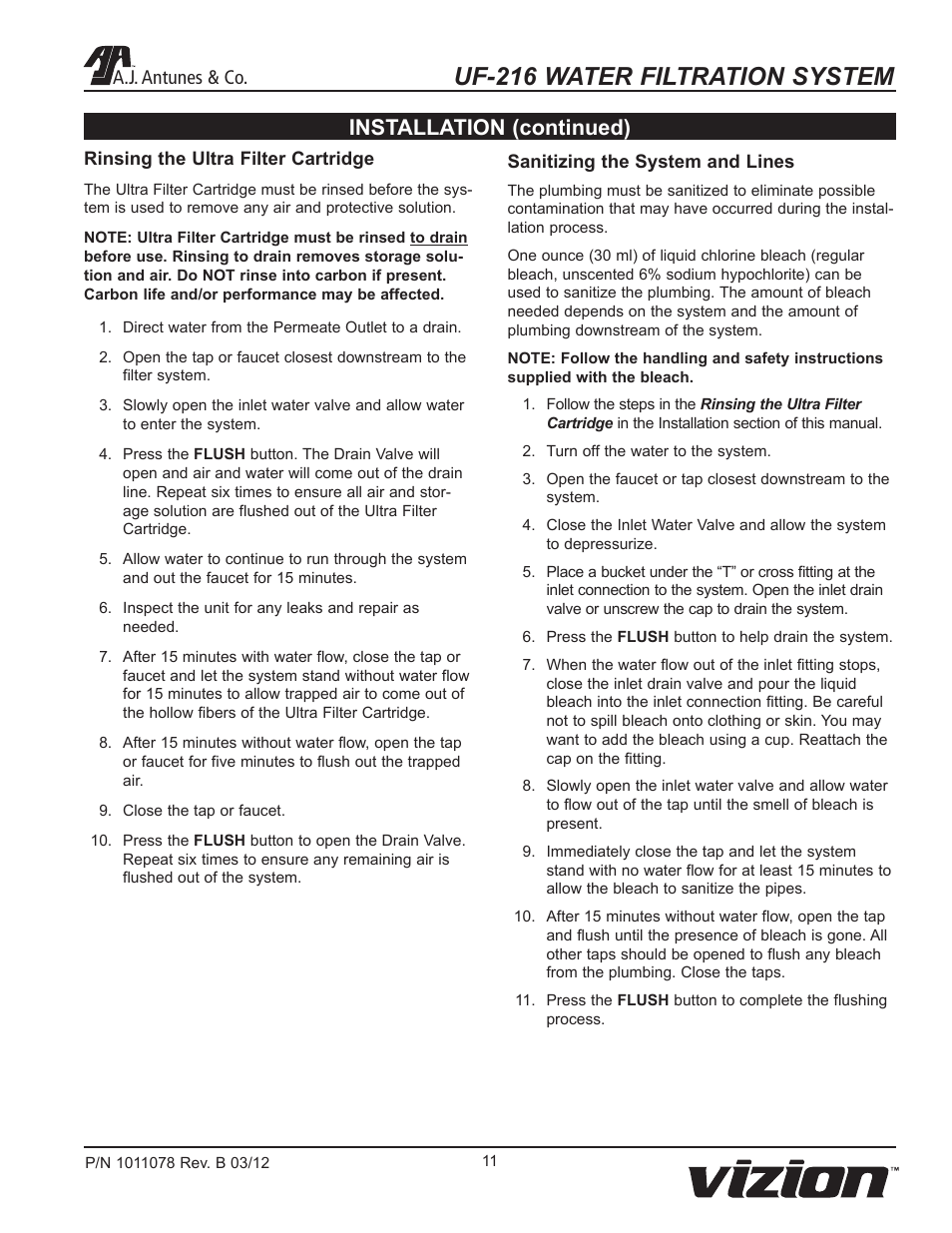 Uf-216 water filtration system, Installation (continued), A.j. antunes & co | A.J. Antunes & Co UF-216 9700435 User Manual | Page 11 / 16