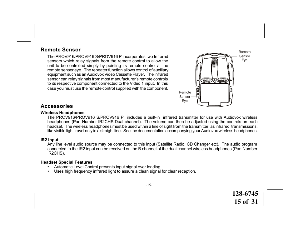 Remote sensor, Accessories | Audiovox PROV916 S User Manual | Page 15 / 31