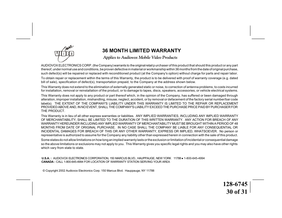 36 month limited warranty | Audiovox PROV916 S User Manual | Page 30 / 31