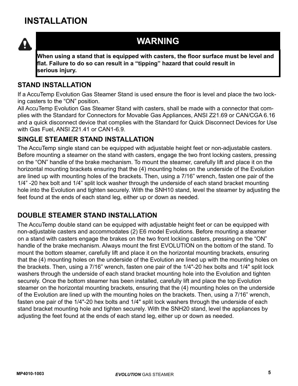 Warning, Installation | AccuTemp EVOLUTION GAS STEAMER User Manual | Page 11 / 31