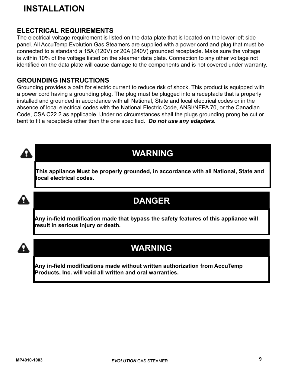 Warning, Danger, Installation | AccuTemp EVOLUTION GAS STEAMER User Manual | Page 15 / 31