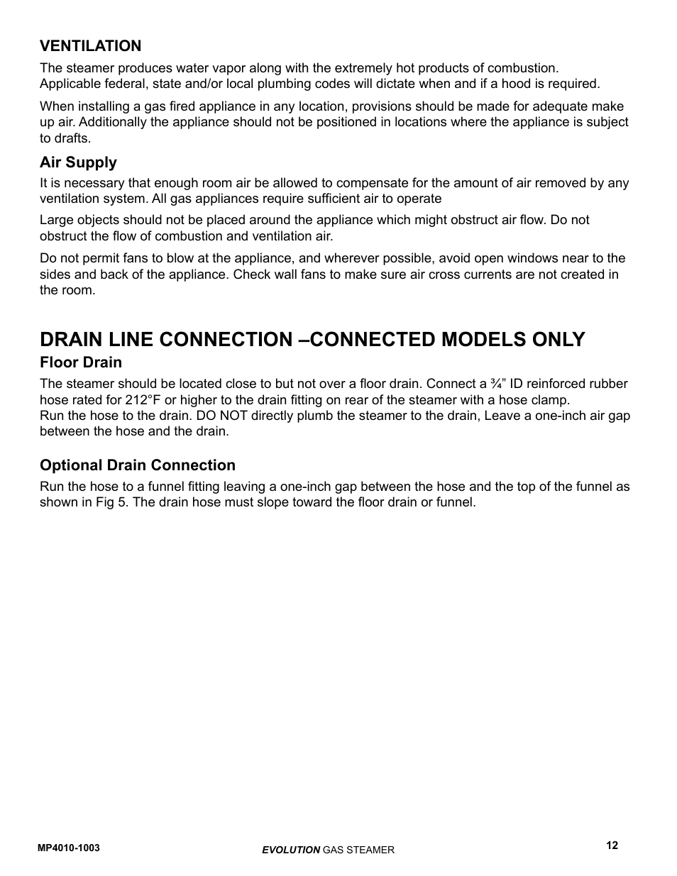 Drain line connection –connected models only | AccuTemp EVOLUTION GAS STEAMER User Manual | Page 18 / 31