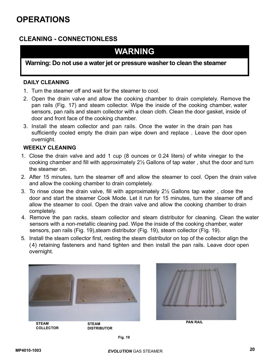 Warning, Operations, Cleaning - connectionless | AccuTemp EVOLUTION GAS STEAMER User Manual | Page 26 / 31