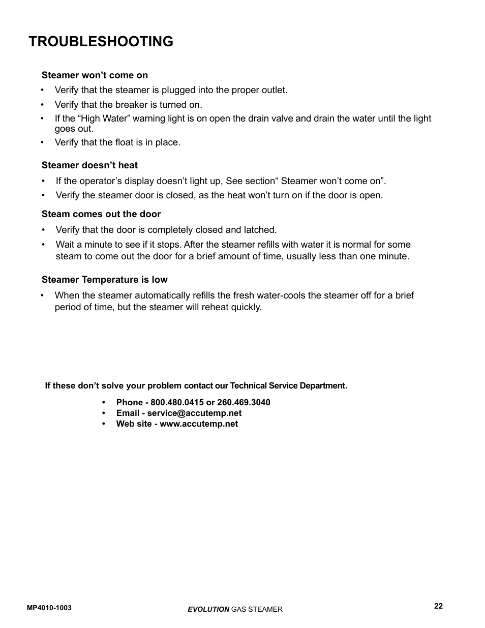 Troubleshooting | AccuTemp EVOLUTION GAS STEAMER User Manual | Page 28 / 31