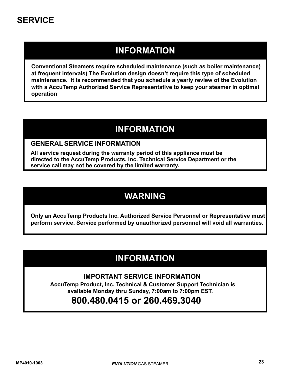 Information, Service information, Warning | AccuTemp EVOLUTION GAS STEAMER User Manual | Page 29 / 31