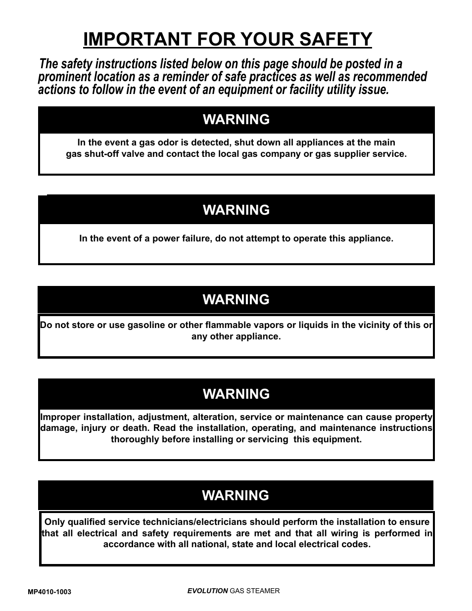 Important for your safety, Warning | AccuTemp EVOLUTION GAS STEAMER User Manual | Page 3 / 31