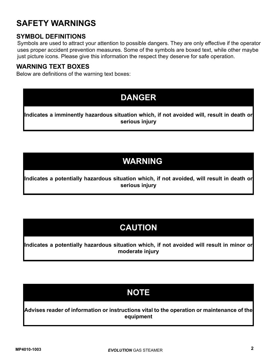 Danger, Warning, Caution | Safety warnings | AccuTemp EVOLUTION GAS STEAMER User Manual | Page 8 / 31