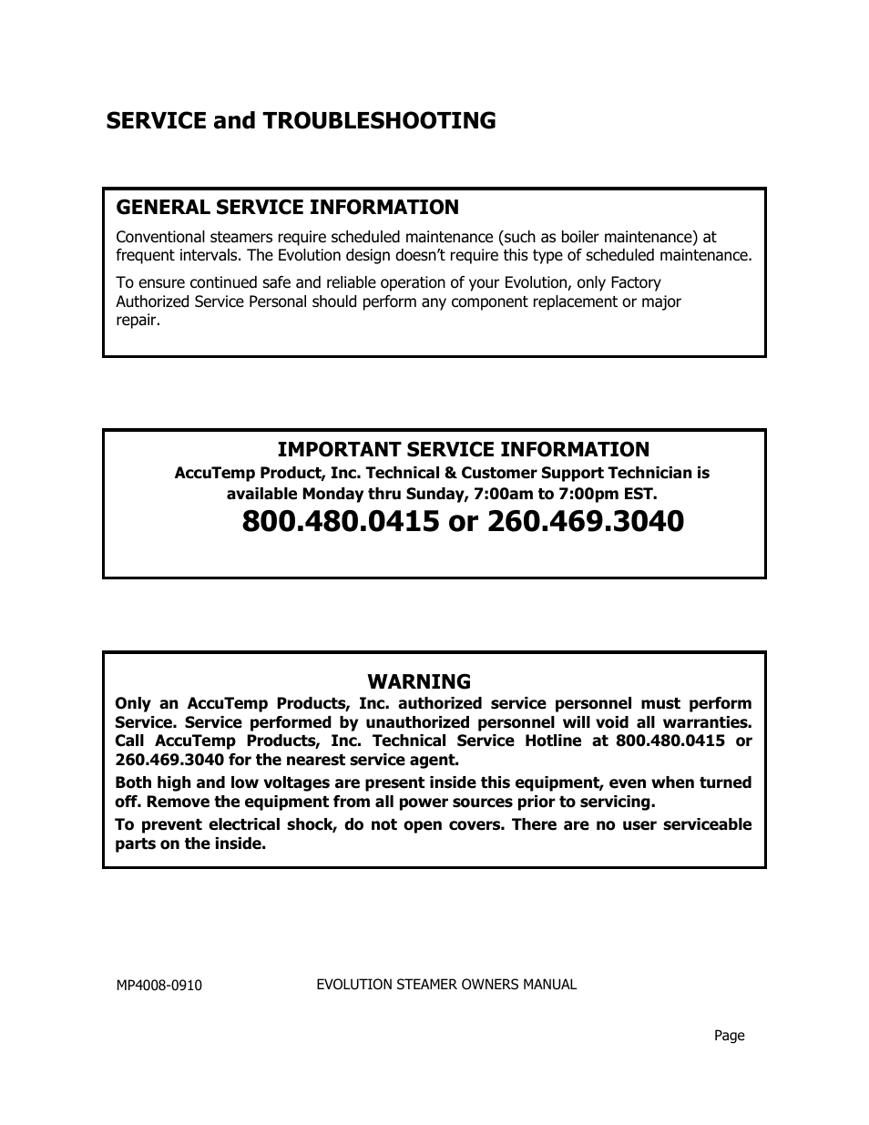 Service and troubleshooting | AccuTemp EVOLUTION ELECTRIC STEAMER User Manual | Page 18 / 21