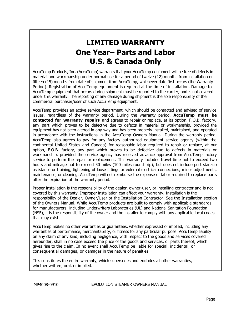 AccuTemp EVOLUTION ELECTRIC STEAMER User Manual | Page 21 / 21