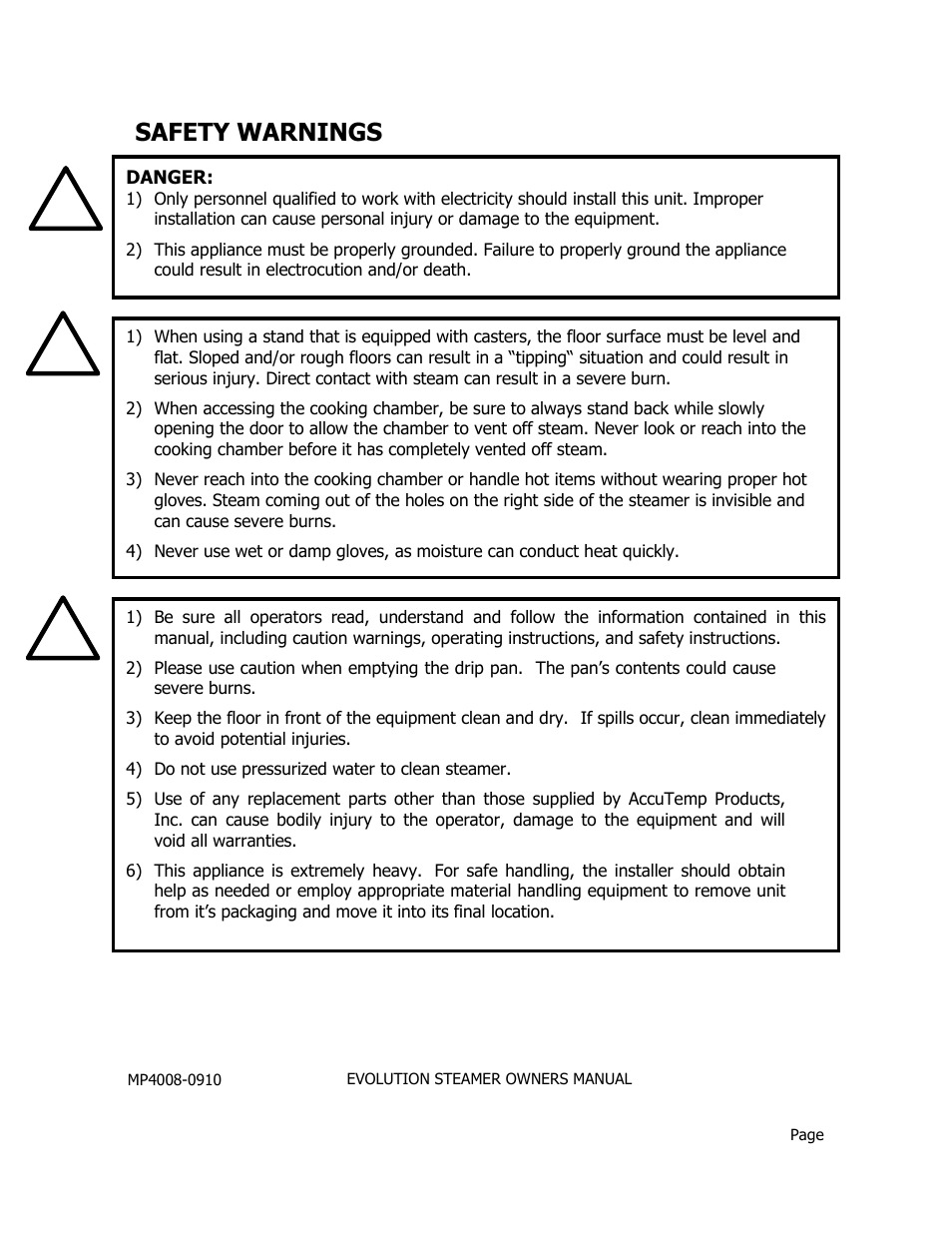 Safety warnings | AccuTemp EVOLUTION ELECTRIC STEAMER User Manual | Page 3 / 21