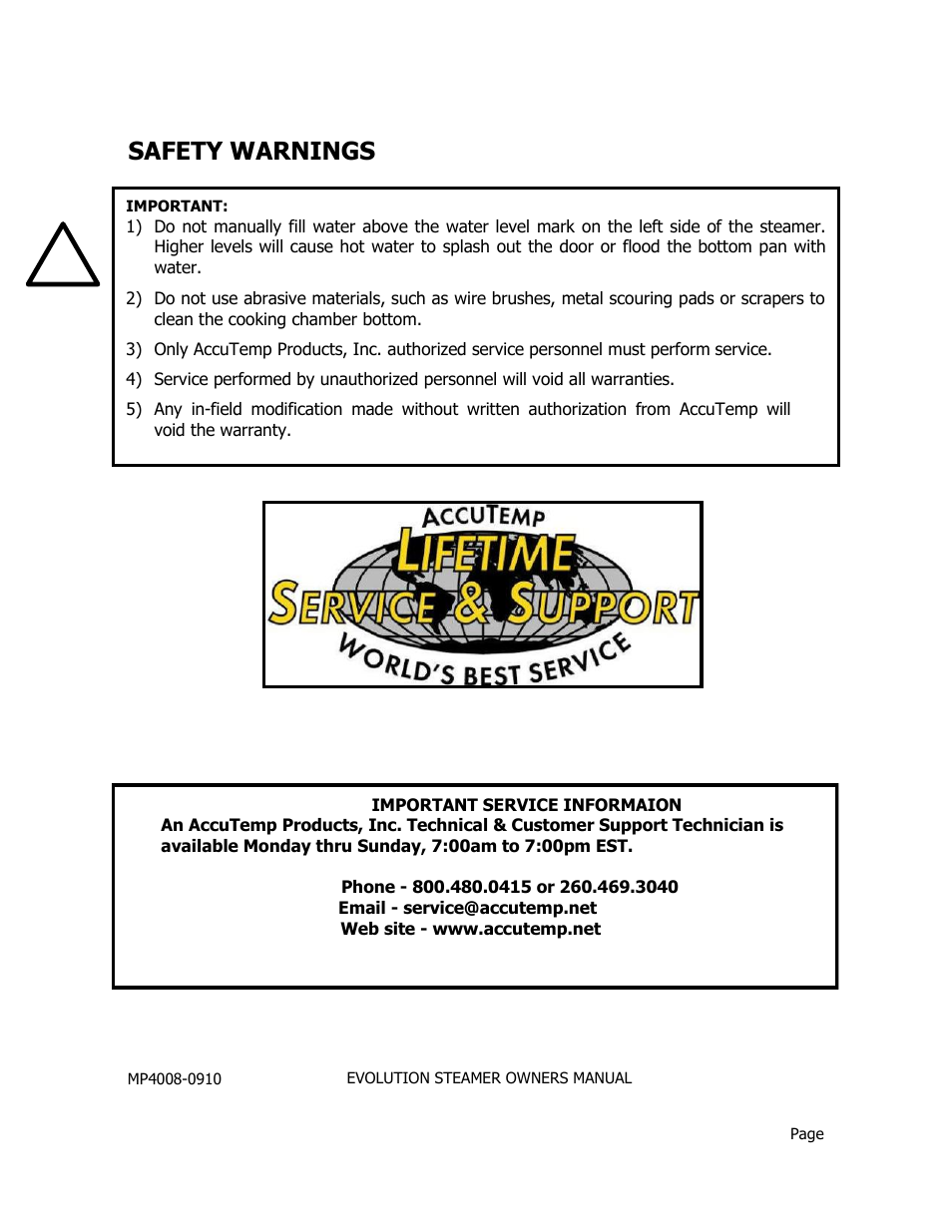 Safety warnings | AccuTemp EVOLUTION ELECTRIC STEAMER User Manual | Page 4 / 21