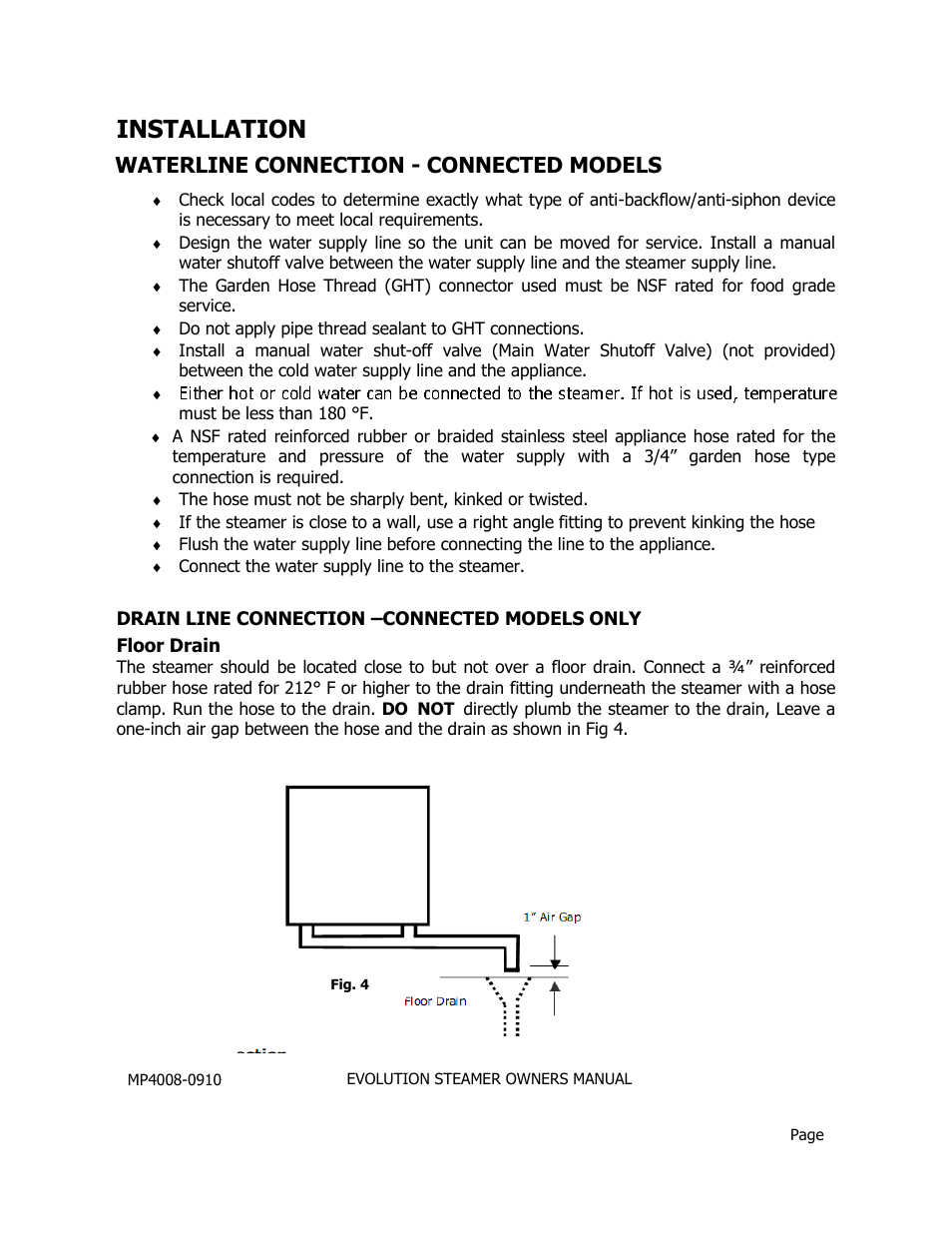 Installation, Waterline connection - connected models | AccuTemp EVOLUTION ELECTRIC STEAMER User Manual | Page 8 / 21