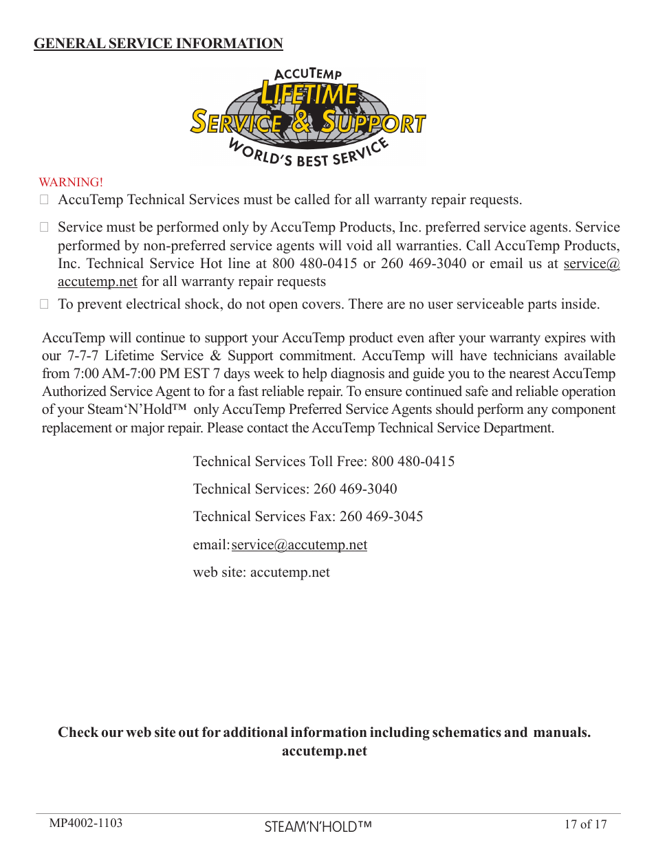 AccuTemp Steam N Hold User Manual | Page 17 / 17