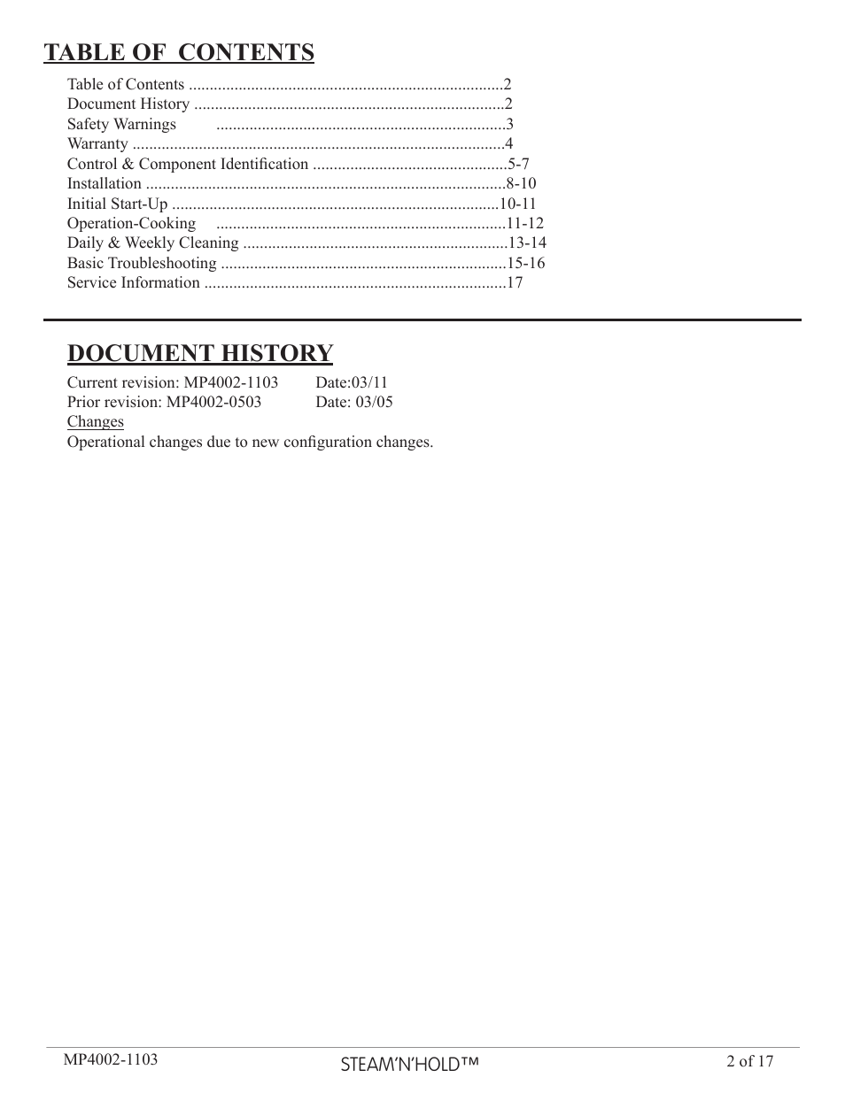 Table of contents document history | AccuTemp Steam N Hold User Manual | Page 2 / 17