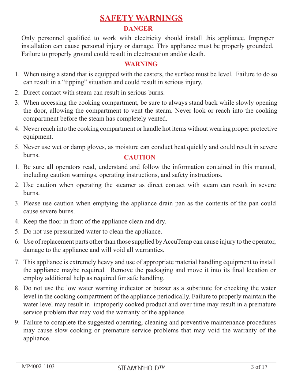 Safety warnings | AccuTemp Steam N Hold User Manual | Page 3 / 17