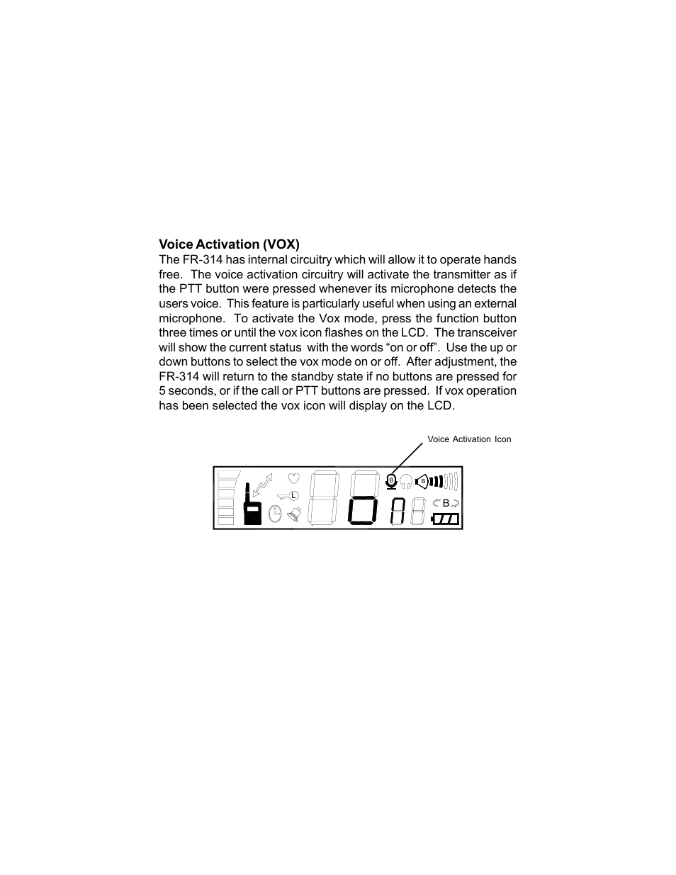 Voice activation (vox) | Audiovox FR-314 User Manual | Page 21 / 30