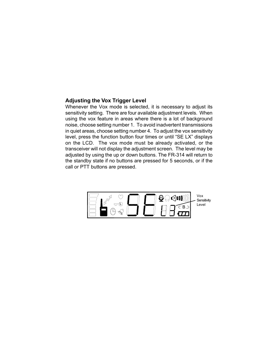 Adjusting the vox trigger level | Audiovox FR-314 User Manual | Page 22 / 30