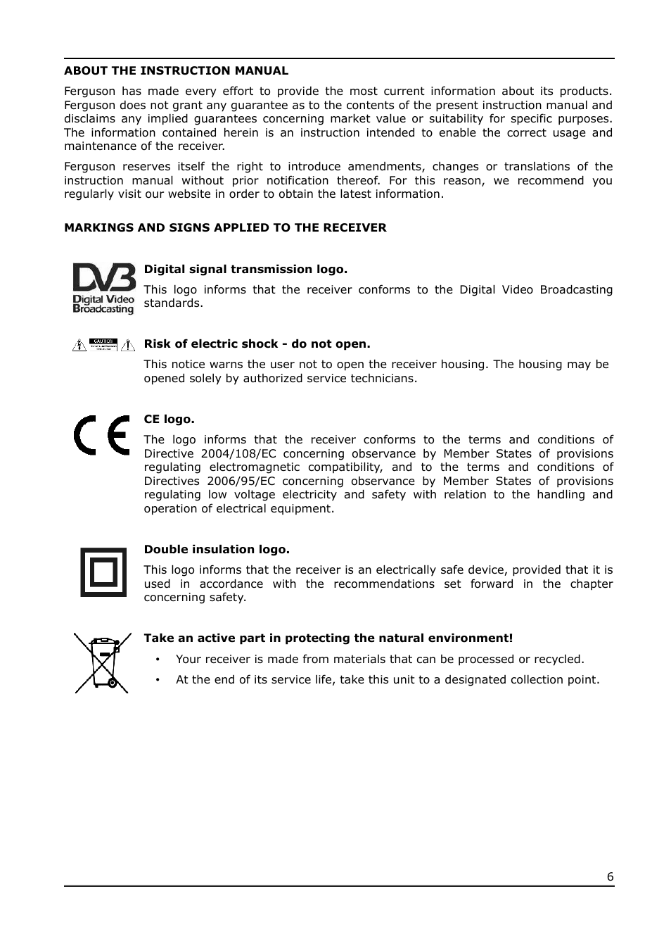 About the instruction manual, Markings and signs applied to the receiver | Ferguson Ariva Link TT User Manual | Page 6 / 39