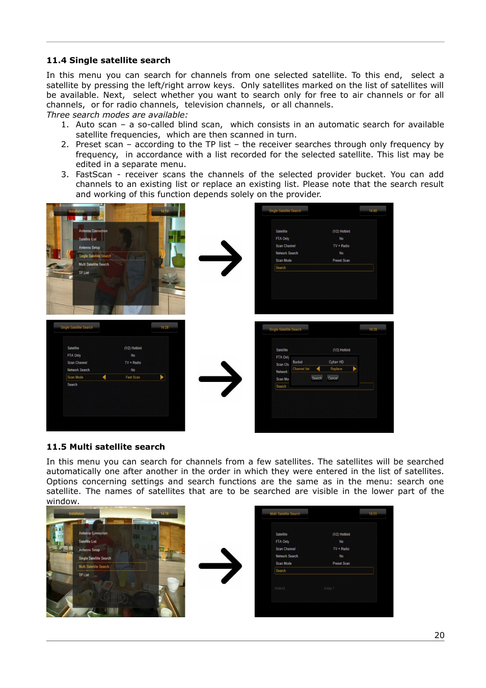 4 single satellite search, 5 multi satellite search | Ferguson Ariva 252Combo User Manual | Page 20 / 54