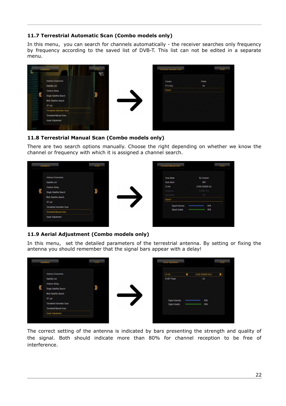 7 terrestrial automatic scan (combo models only), 8 terrestrial manual scan (combo models only), 9 aerial adjustment (combo models only) | Ferguson Ariva 252Combo User Manual | Page 22 / 54